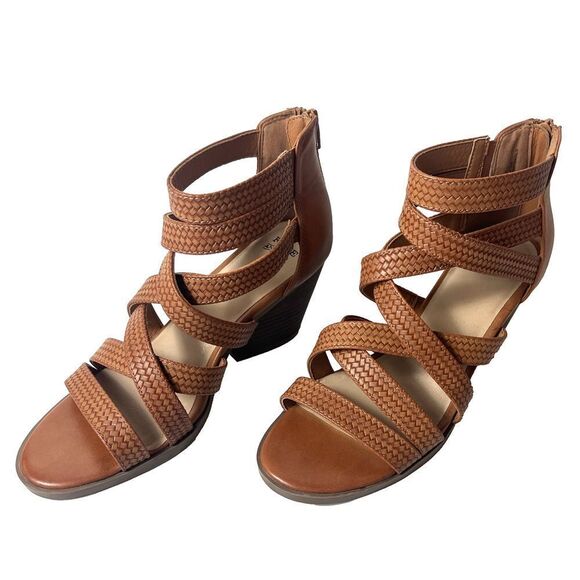 Frye and Co Womens 9M Strappy Brown Faux Leather Heeled Zip Sandals Open Toe New - Picture 3 of 11